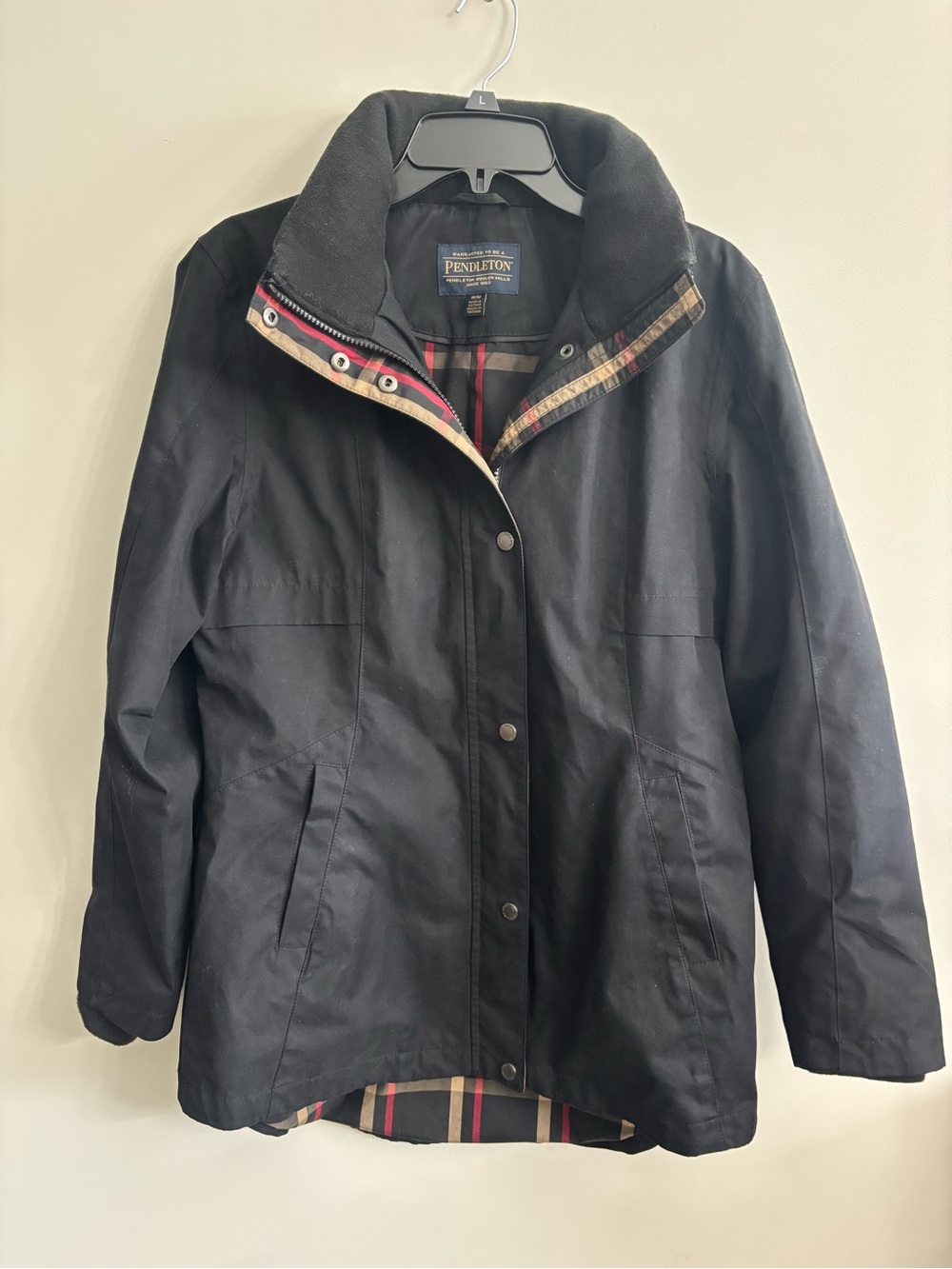 Pendleton Women's Black Water-Resistant Trench Coat with Plaid Trim